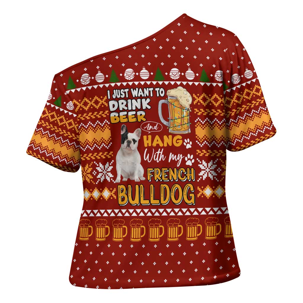 Drink Beer With French Bulldog Christmas Cross Shoulder Shirt Xmas Holiday Patterns - Wonder Print Shop