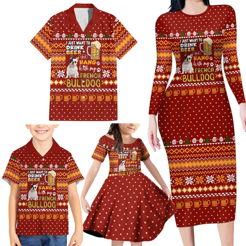 Drink Beer With French Bulldog Christmas Family Matching Long Sleeve Bodycon Dress and Hawaiian Shirt Xmas Holiday Patterns - Wonder Print Shop