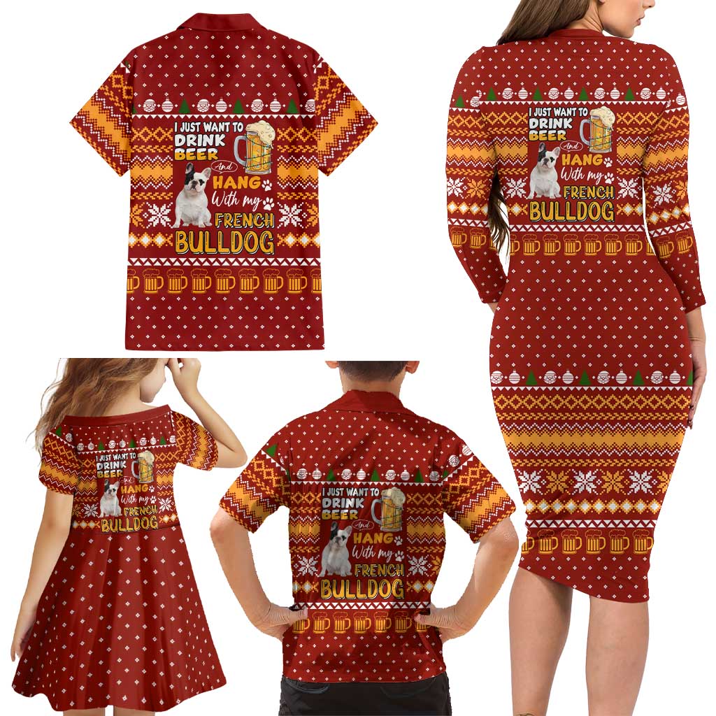 Drink Beer With French Bulldog Christmas Family Matching Long Sleeve Bodycon Dress and Hawaiian Shirt Xmas Holiday Patterns - Wonder Print Shop