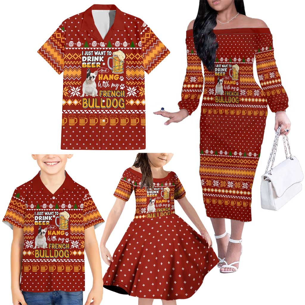 Drink Beer With French Bulldog Christmas Family Matching Off The Shoulder Long Sleeve Dress and Hawaiian Shirt Xmas Holiday Patterns - Wonder Print Shop