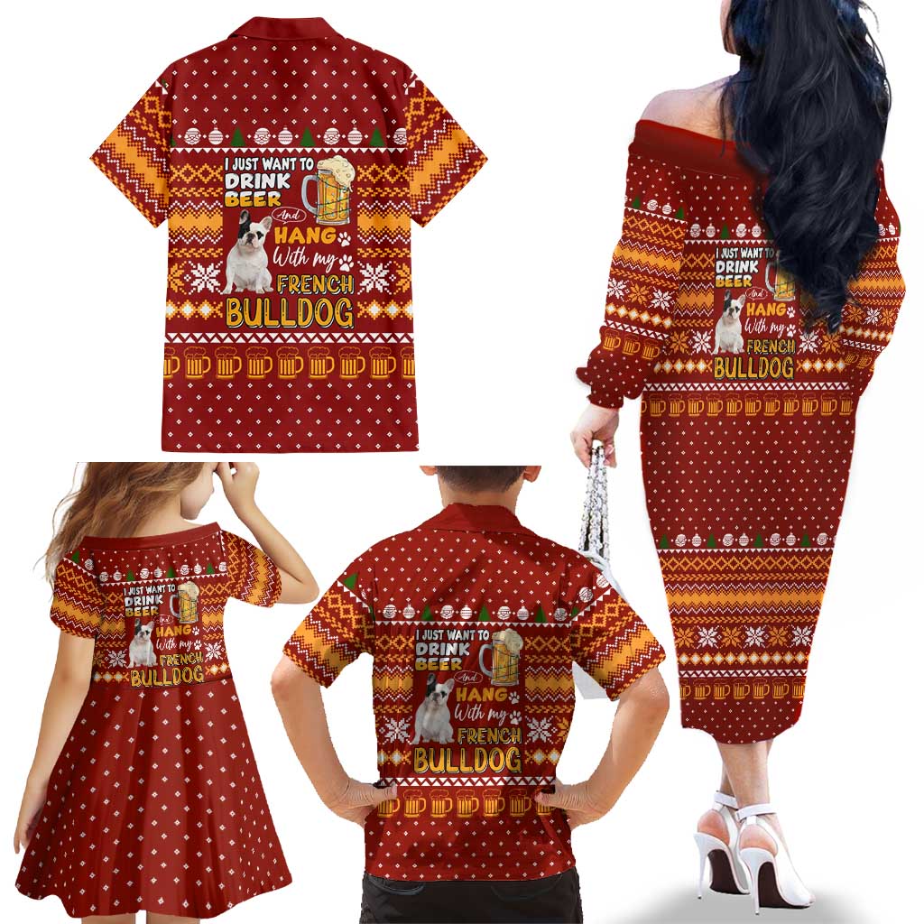 Drink Beer With French Bulldog Christmas Family Matching Off The Shoulder Long Sleeve Dress and Hawaiian Shirt Xmas Holiday Patterns - Wonder Print Shop