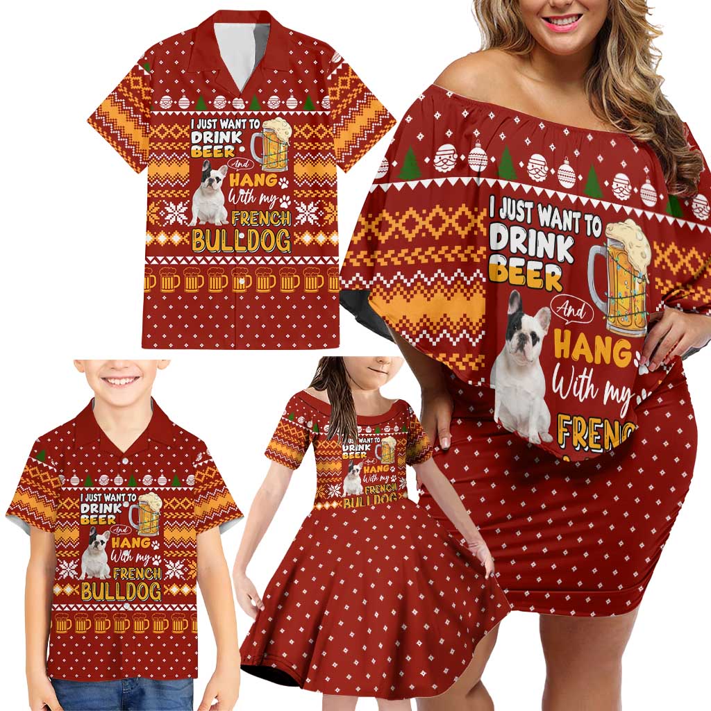 Drink Beer With French Bulldog Christmas Family Matching Off Shoulder Short Dress and Hawaiian Shirt Xmas Holiday Patterns - Wonder Print Shop