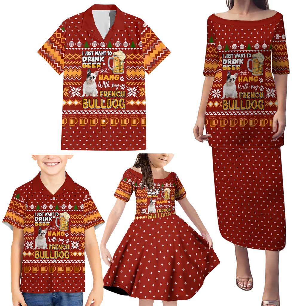 Drink Beer With French Bulldog Christmas Family Matching Puletasi and Hawaiian Shirt Xmas Holiday Patterns - Wonder Print Shop