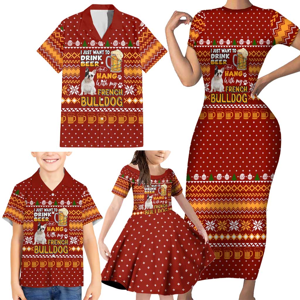 Drink Beer With French Bulldog Christmas Family Matching Short Sleeve Bodycon Dress and Hawaiian Shirt Xmas Holiday Patterns - Wonder Print Shop