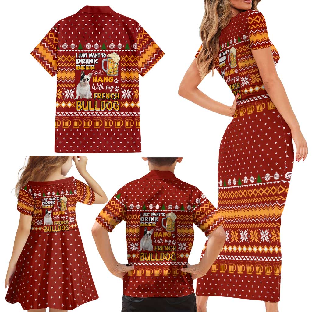 Drink Beer With French Bulldog Christmas Family Matching Short Sleeve Bodycon Dress and Hawaiian Shirt Xmas Holiday Patterns - Wonder Print Shop
