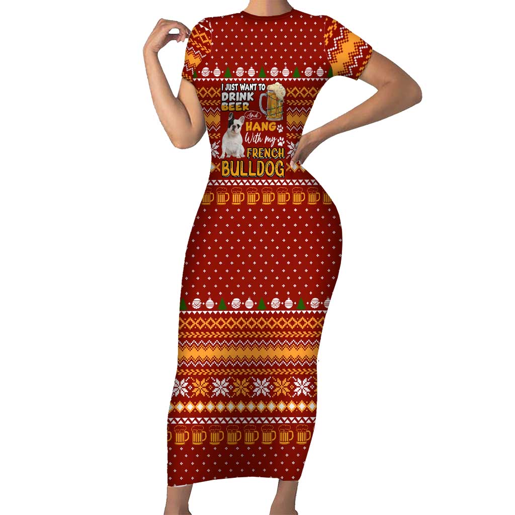Drink Beer With French Bulldog Christmas Family Matching Short Sleeve Bodycon Dress and Hawaiian Shirt Xmas Holiday Patterns - Wonder Print Shop