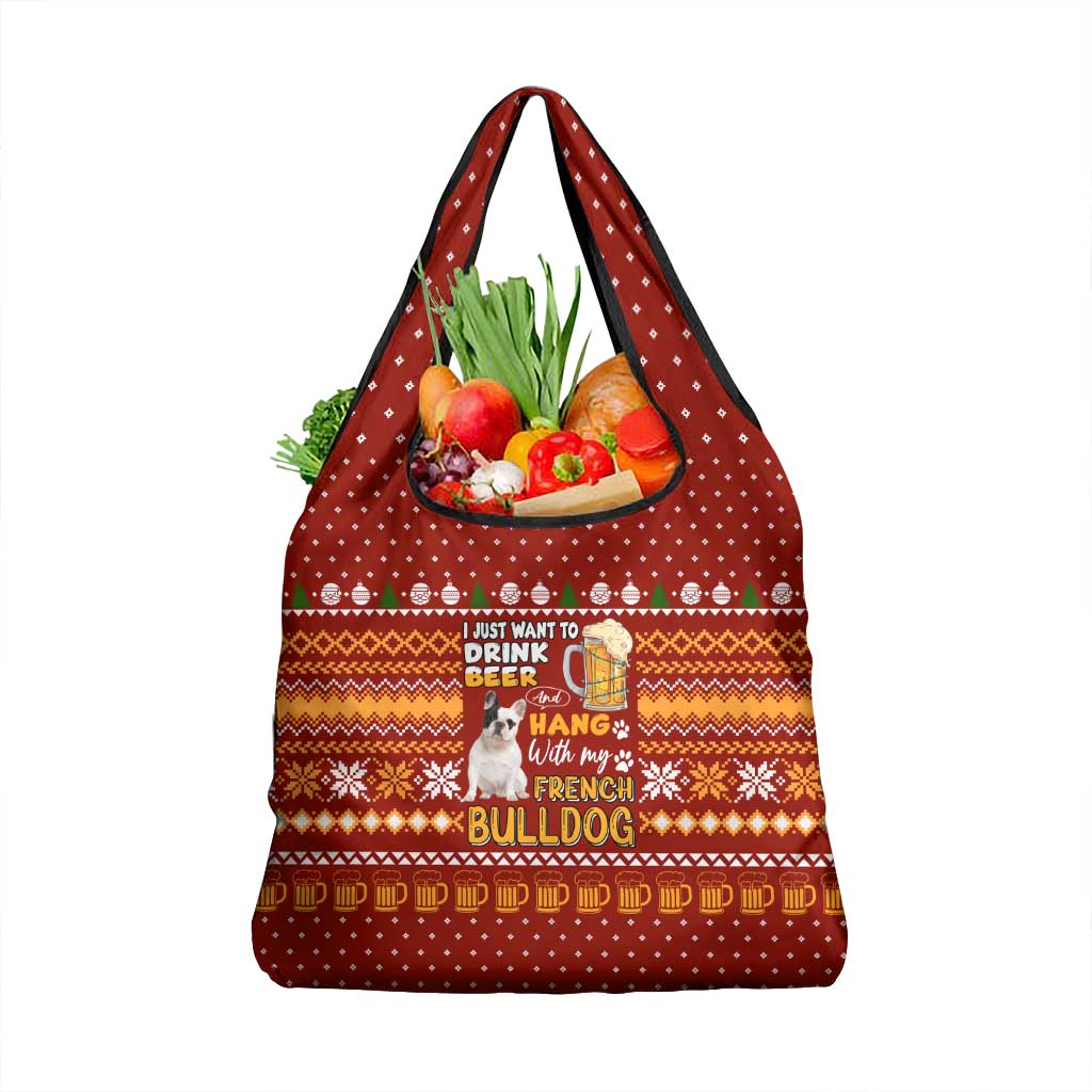 Drink Beer With French Bulldog Christmas Grocery Bag Xmas Holiday Patterns - Wonder Print Shop