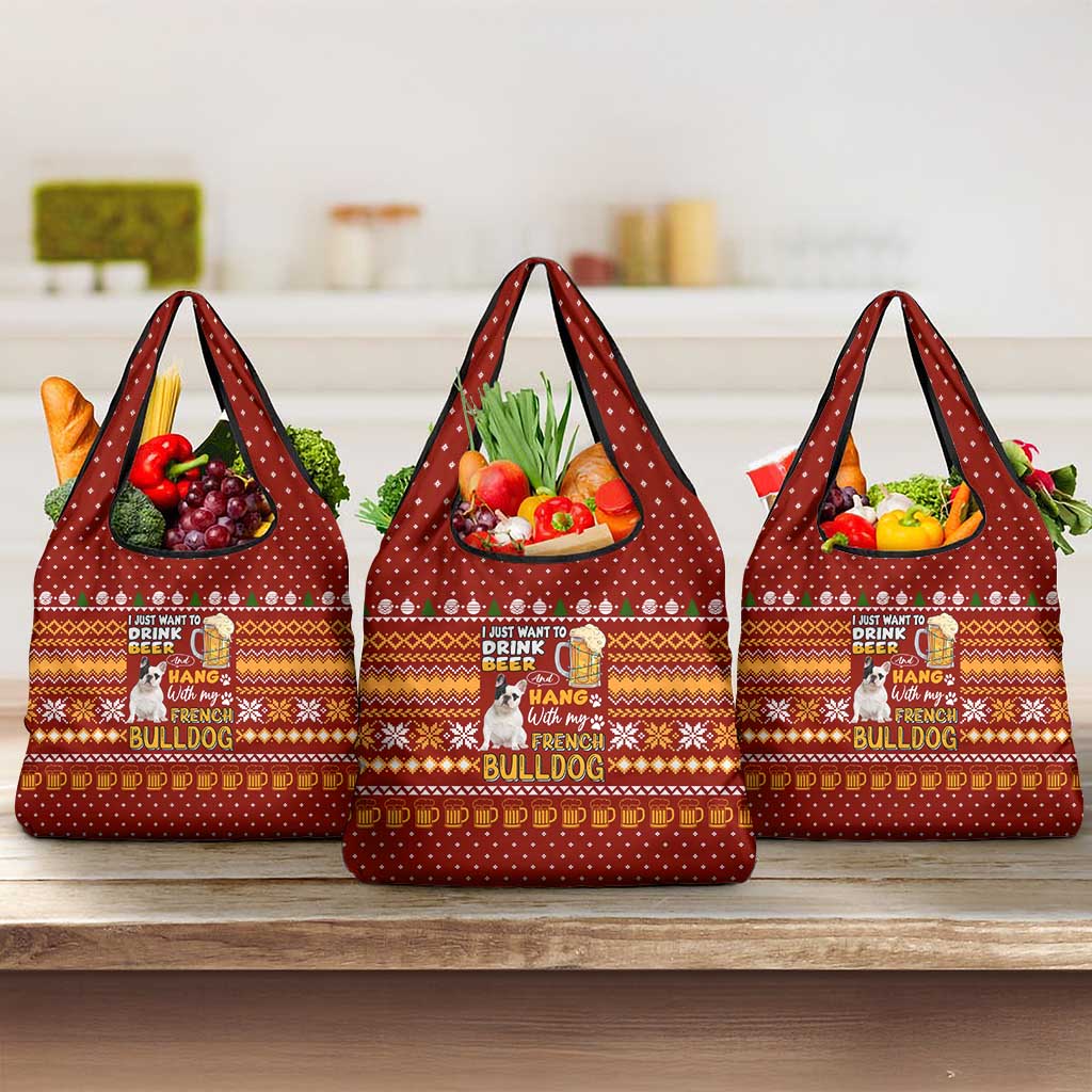 Drink Beer With French Bulldog Christmas Grocery Bag Xmas Holiday Patterns - Wonder Print Shop