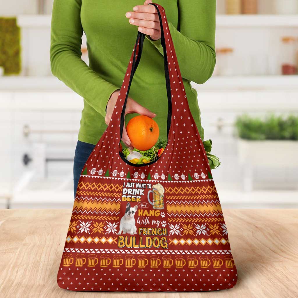 Drink Beer With French Bulldog Christmas Grocery Bag Xmas Holiday Patterns - Wonder Print Shop
