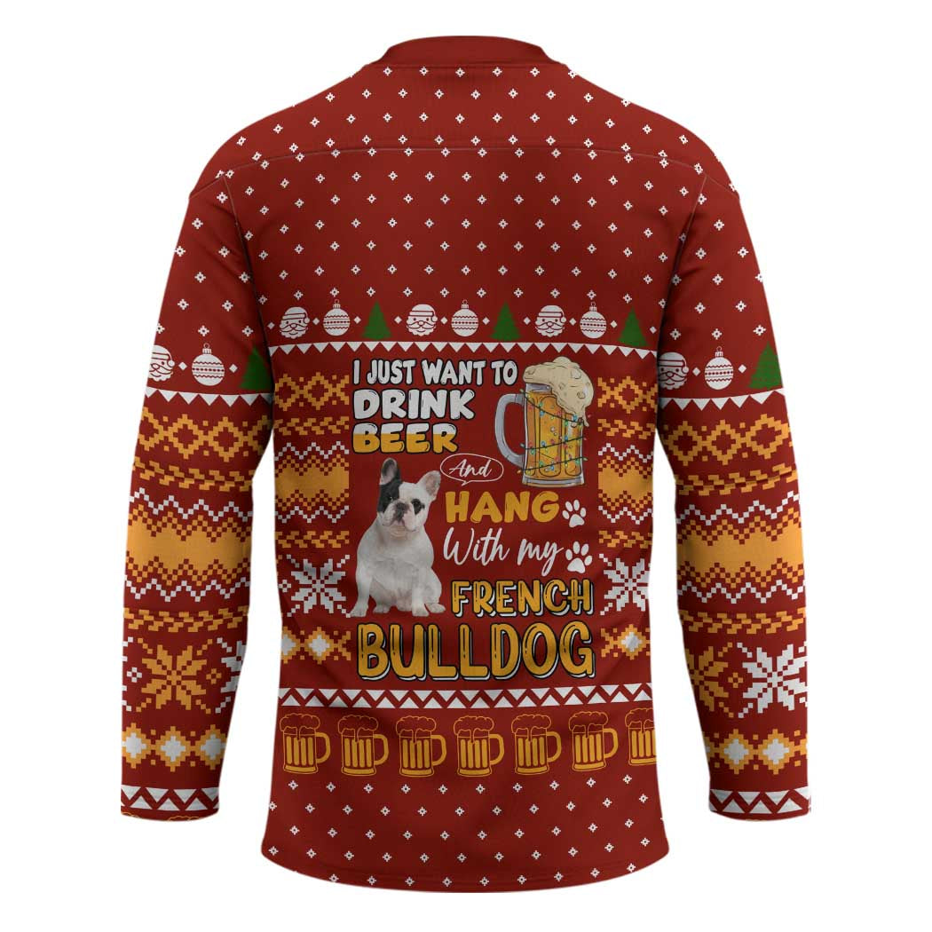 Drink Beer With French Bulldog Christmas Hockey Jersey Xmas Holiday Patterns - Wonder Print Shop