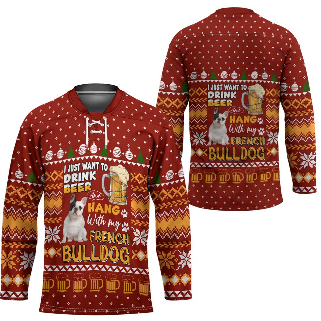 Drink Beer With French Bulldog Christmas Hockey Jersey Xmas Holiday Patterns - Wonder Print Shop
