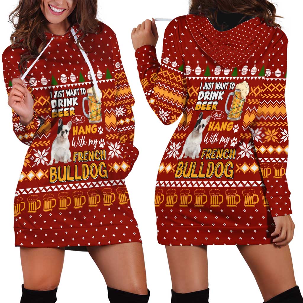 Drink Beer With French Bulldog Christmas Hoodie Dress Xmas Holiday Patterns - Wonder Print Shop