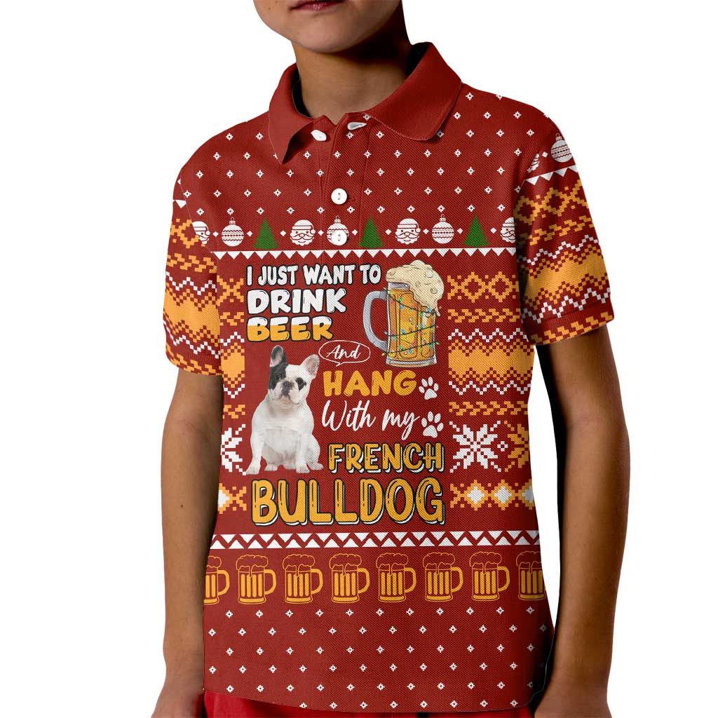 Drink Beer With French Bulldog Christmas Kid Polo Shirt Xmas Holiday Patterns - Wonder Print Shop