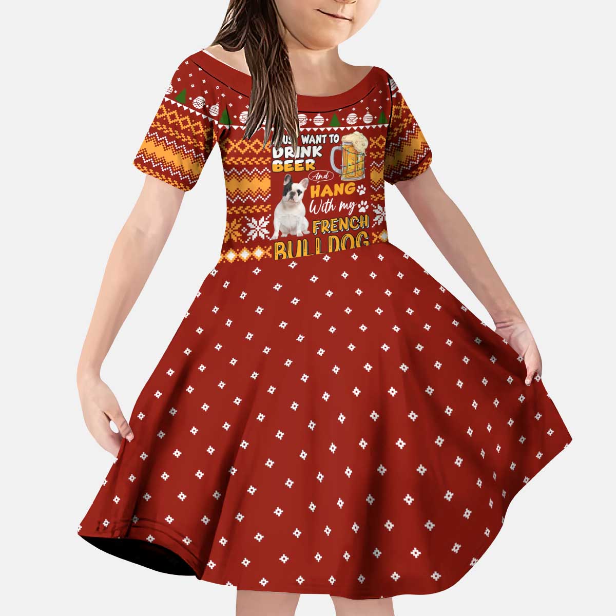 Drink Beer With French Bulldog Christmas Kid Short Sleeve Dress Xmas Holiday Patterns - Wonder Print Shop