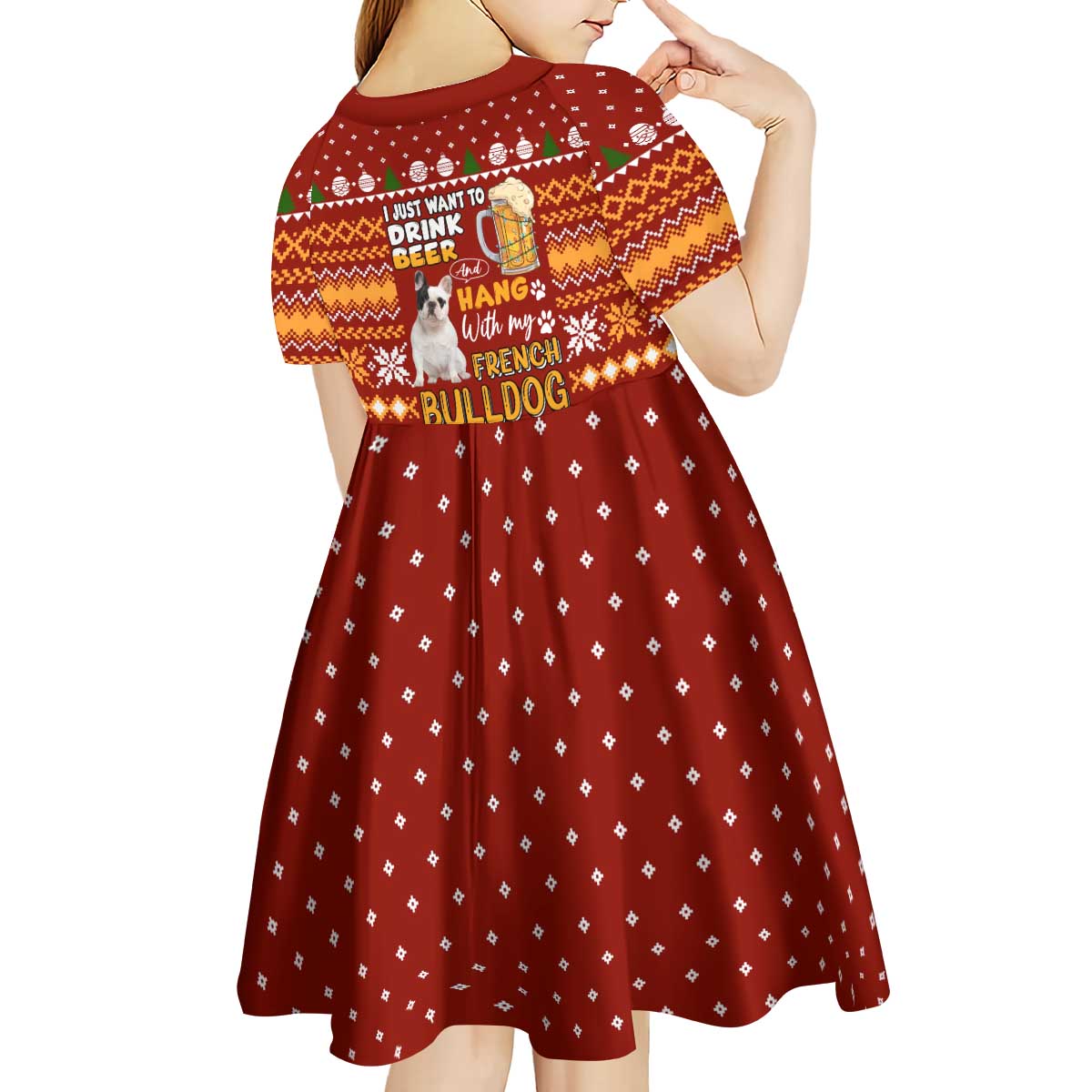 Drink Beer With French Bulldog Christmas Kid Short Sleeve Dress Xmas Holiday Patterns - Wonder Print Shop