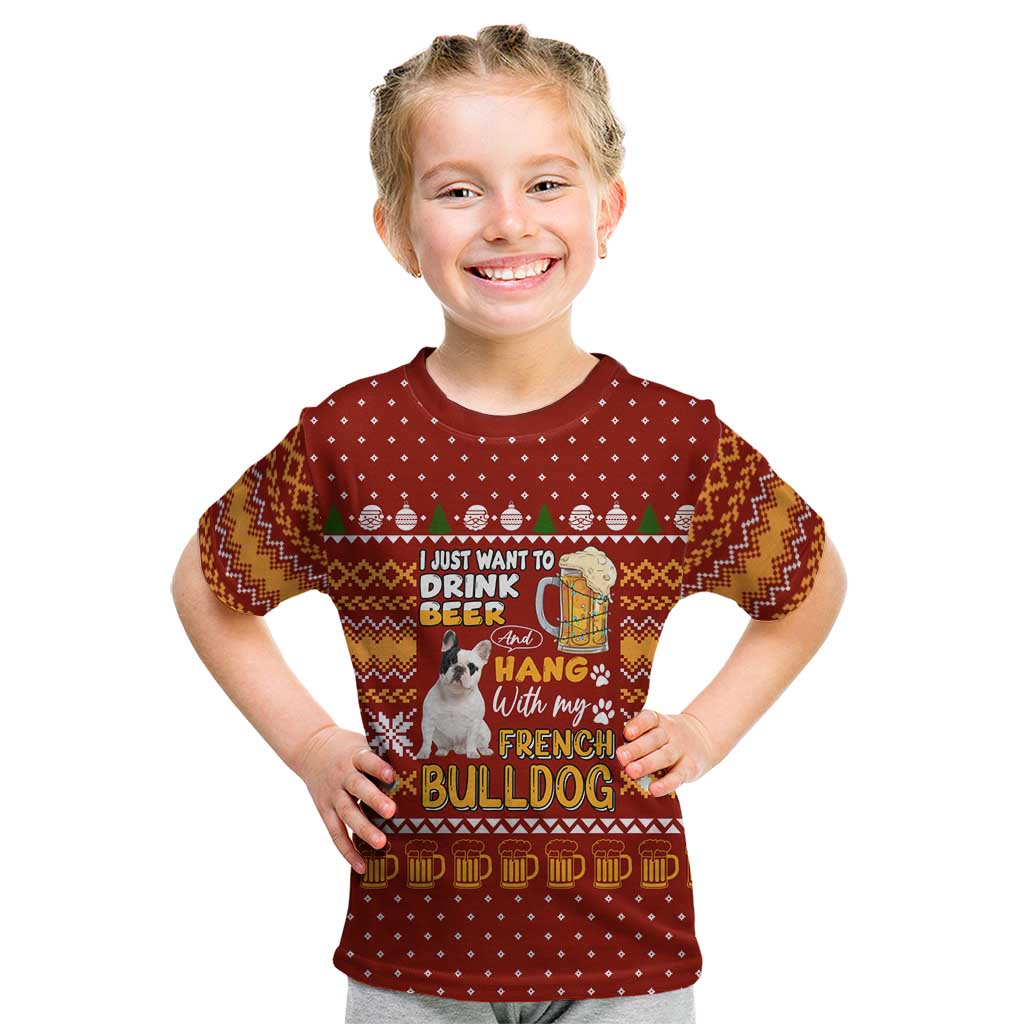 Drink Beer With French Bulldog Christmas Kid T Shirt Xmas Holiday Patterns - Wonder Print Shop