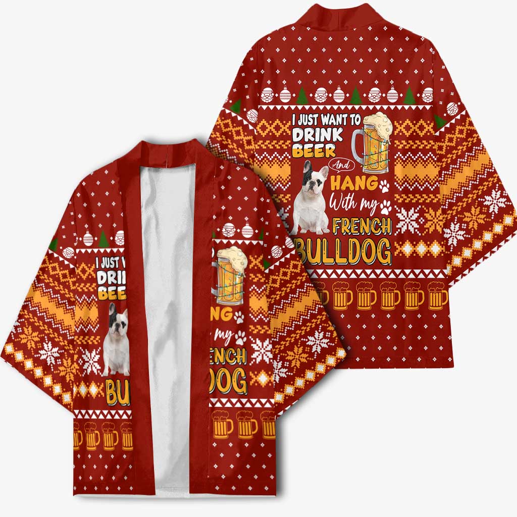 Drink Beer With French Bulldog Christmas Kimono Xmas Holiday Patterns - Wonder Print Shop