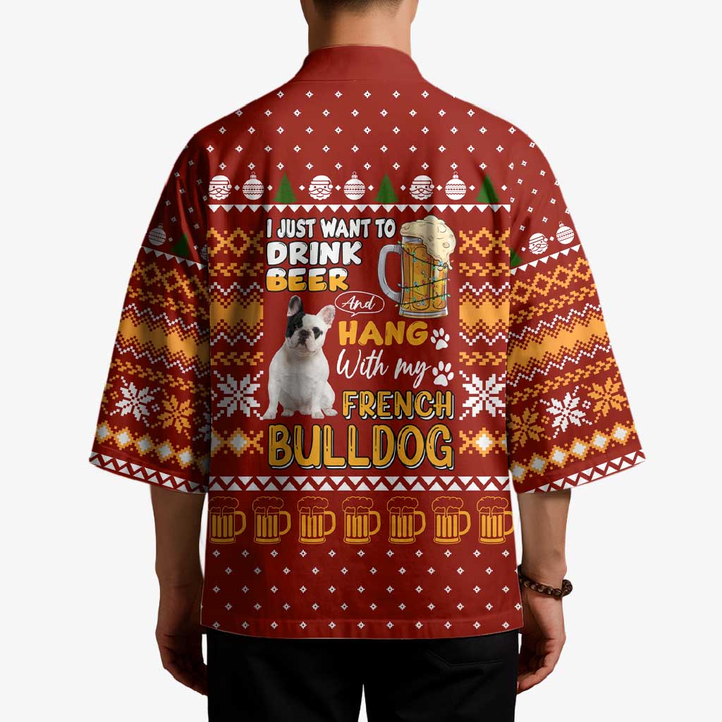 Drink Beer With French Bulldog Christmas Kimono Xmas Holiday Patterns - Wonder Print Shop