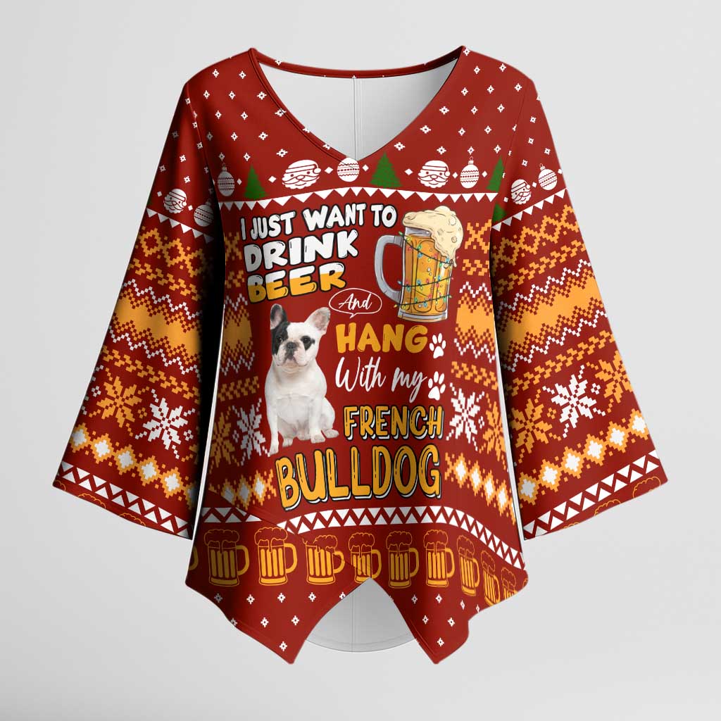 Drink Beer With French Bulldog Christmas Kimono Sleeve Blouse Xmas Holiday Patterns - Wonder Print Shop