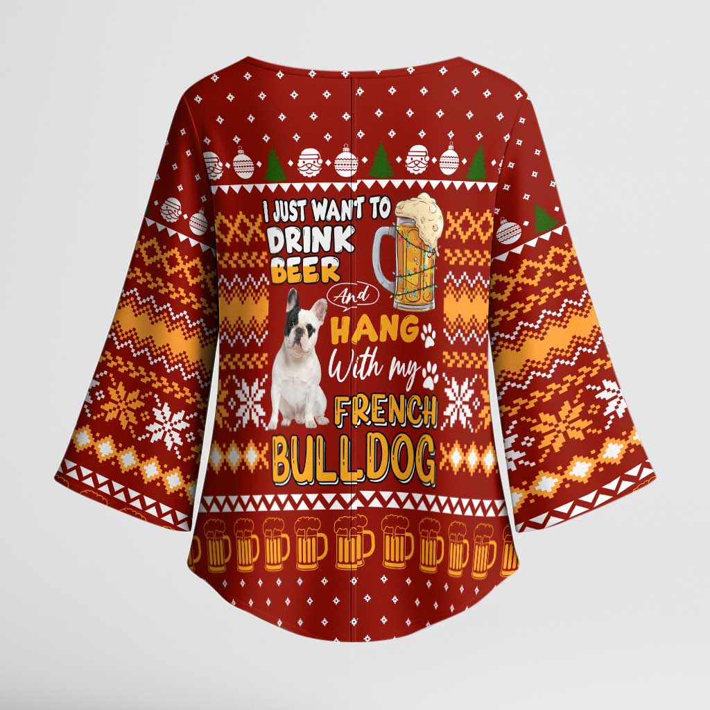 Drink Beer With French Bulldog Christmas Kimono Sleeve Blouse Xmas Holiday Patterns - Wonder Print Shop