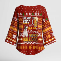 Drink Beer With French Bulldog Christmas Kimono Sleeve Blouse Xmas Holiday Patterns - Wonder Print Shop