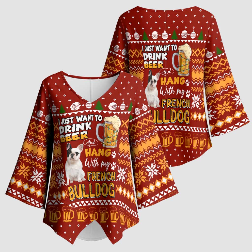 Drink Beer With French Bulldog Christmas Kimono Sleeve Blouse Xmas Holiday Patterns - Wonder Print Shop