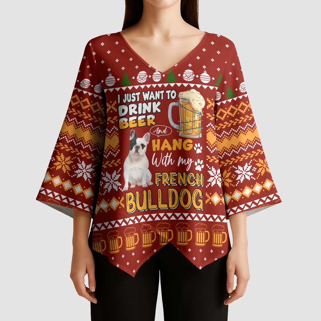 Drink Beer With French Bulldog Christmas Kimono Sleeve Blouse Xmas Holiday Patterns - Wonder Print Shop