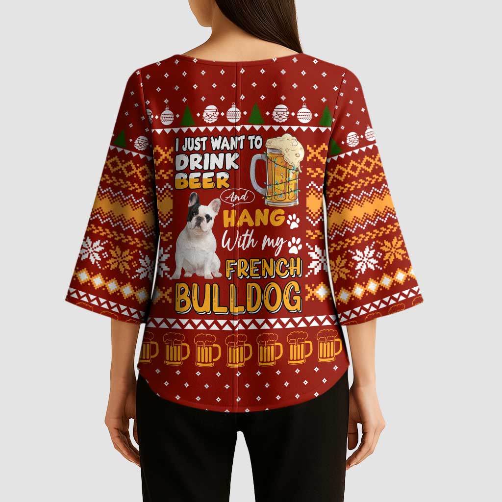 Drink Beer With French Bulldog Christmas Kimono Sleeve Blouse Xmas Holiday Patterns - Wonder Print Shop