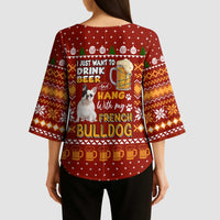 Drink Beer With French Bulldog Christmas Kimono Sleeve Blouse Xmas Holiday Patterns - Wonder Print Shop