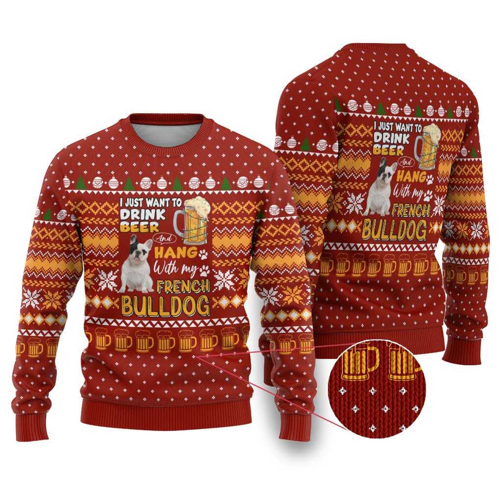 Drink Beer With French Bulldog Christmas Ugly Christmas Sweater Xmas Holiday Patterns - Wonder Print Shop