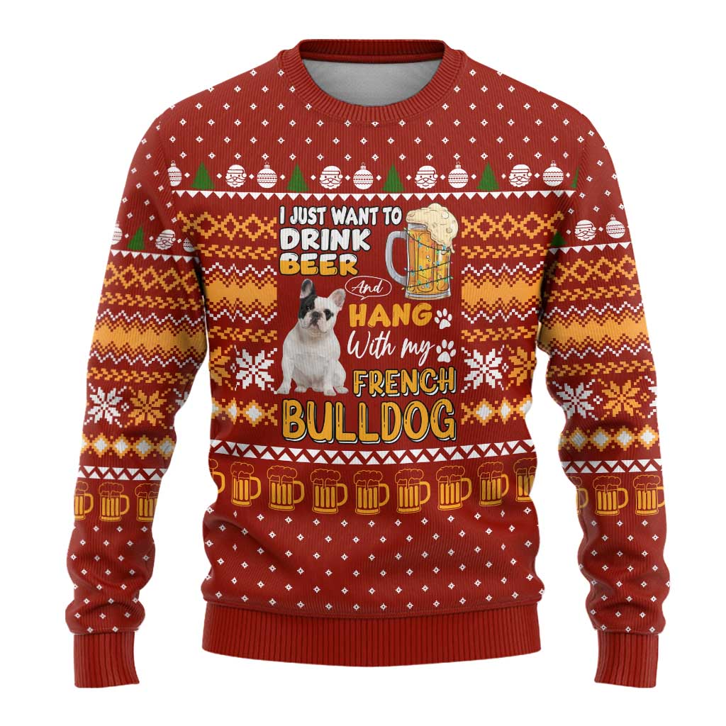 Drink Beer With French Bulldog Christmas Ugly Christmas Sweater Xmas Holiday Patterns - Wonder Print Shop