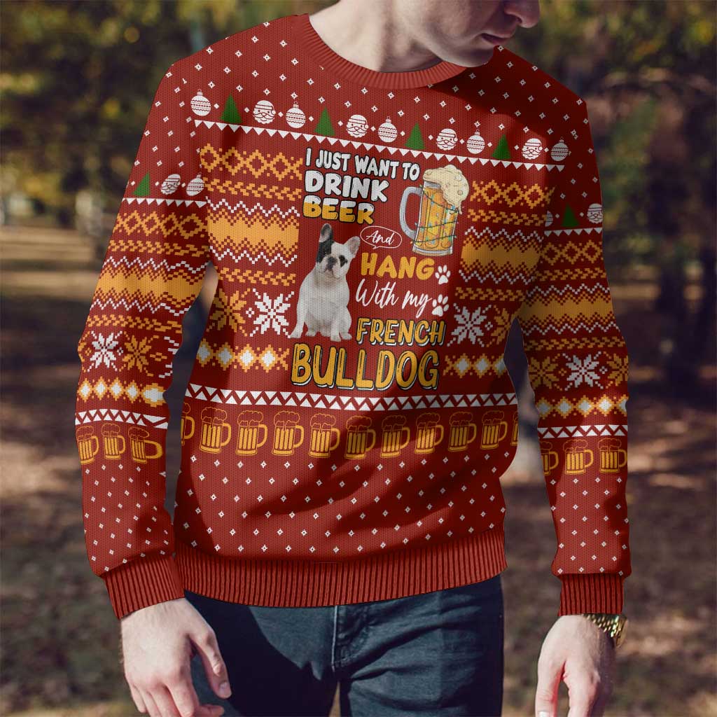 Drink Beer With French Bulldog Christmas Ugly Christmas Sweater Xmas Holiday Patterns - Wonder Print Shop