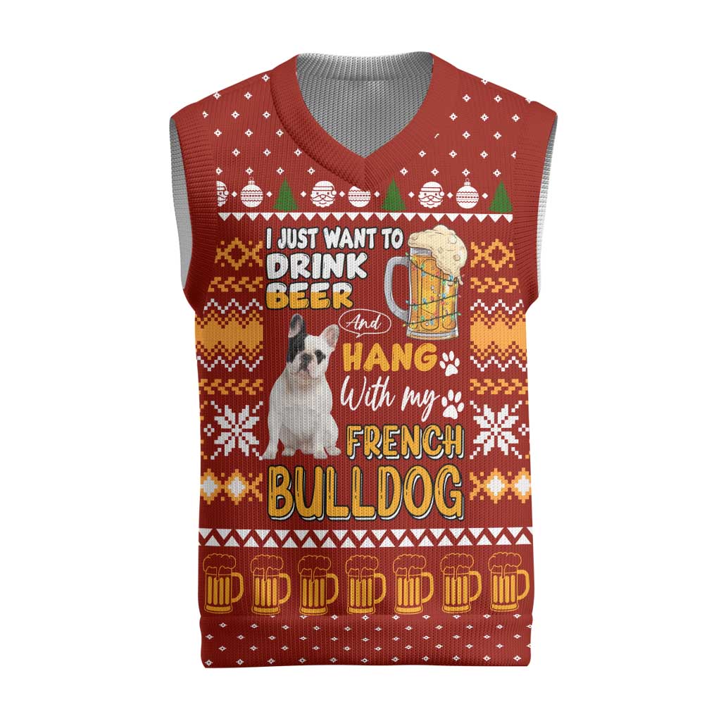 Drink Beer With French Bulldog Christmas Knitted V-Neck Vest Xmas Holiday Patterns - Wonder Print Shop