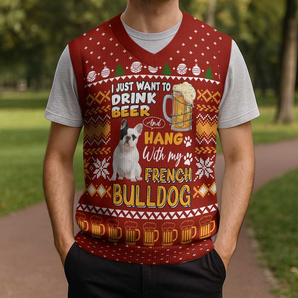 Drink Beer With French Bulldog Christmas Knitted V-Neck Vest Xmas Holiday Patterns - Wonder Print Shop