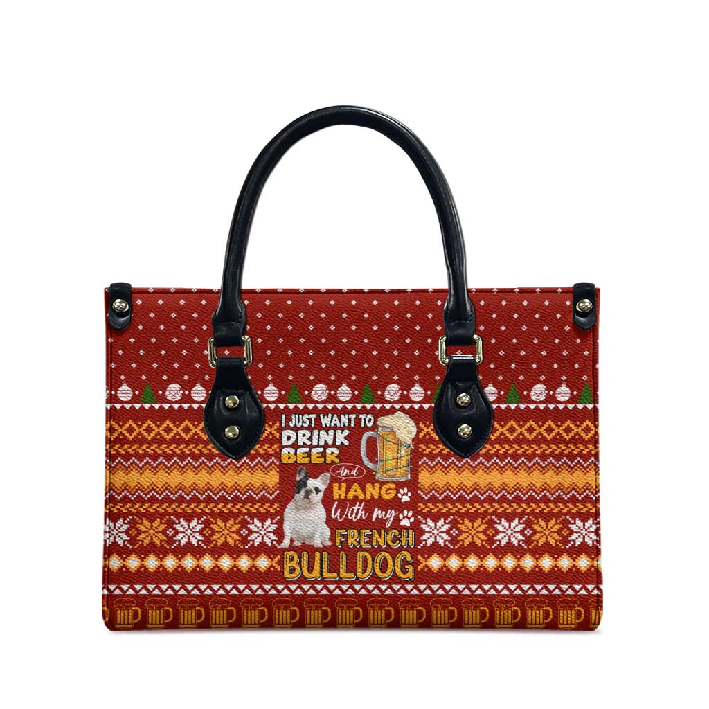 Drink Beer With French Bulldog Christmas Leather Bag Xmas Holiday Patterns - Wonder Print Shop