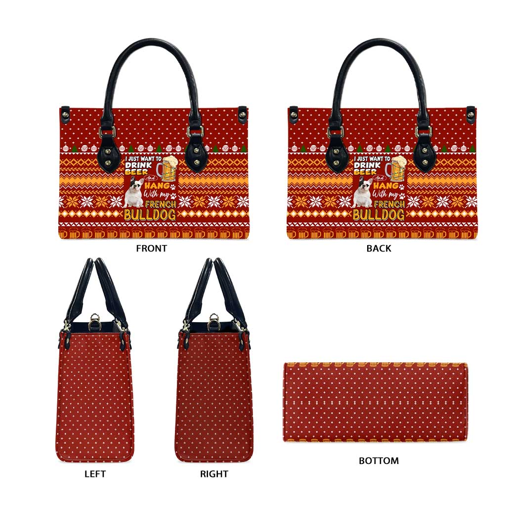 Drink Beer With French Bulldog Christmas Leather Bag Xmas Holiday Patterns - Wonder Print Shop