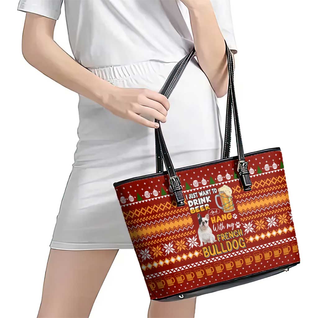 Drink Beer With French Bulldog Christmas Leather Tote Bag Xmas Holiday Patterns - Wonder Print Shop