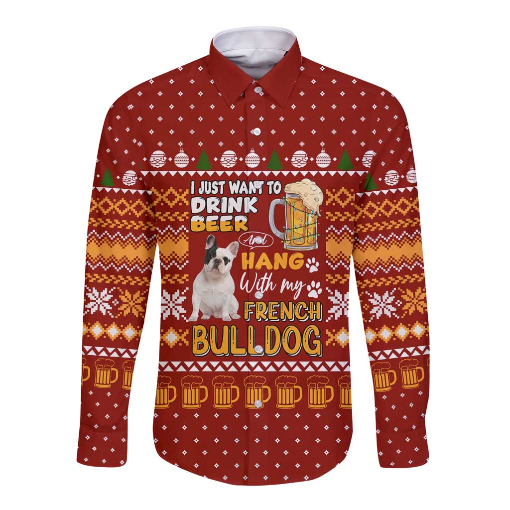 Drink Beer With French Bulldog Christmas Long Sleeve Button Shirt Xmas Holiday Patterns - Wonder Print Shop