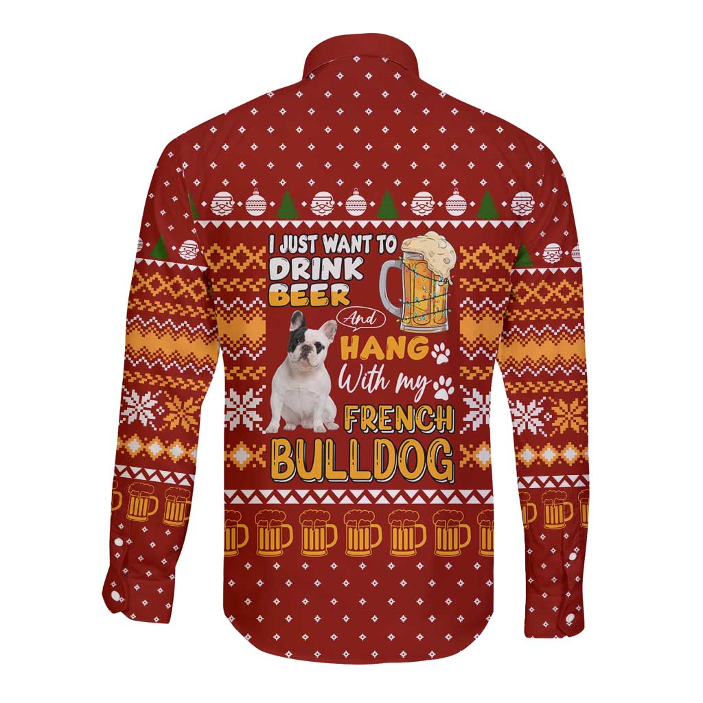 Drink Beer With French Bulldog Christmas Long Sleeve Button Shirt Xmas Holiday Patterns - Wonder Print Shop