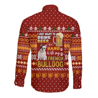 Drink Beer With French Bulldog Christmas Long Sleeve Button Shirt Xmas Holiday Patterns - Wonder Print Shop
