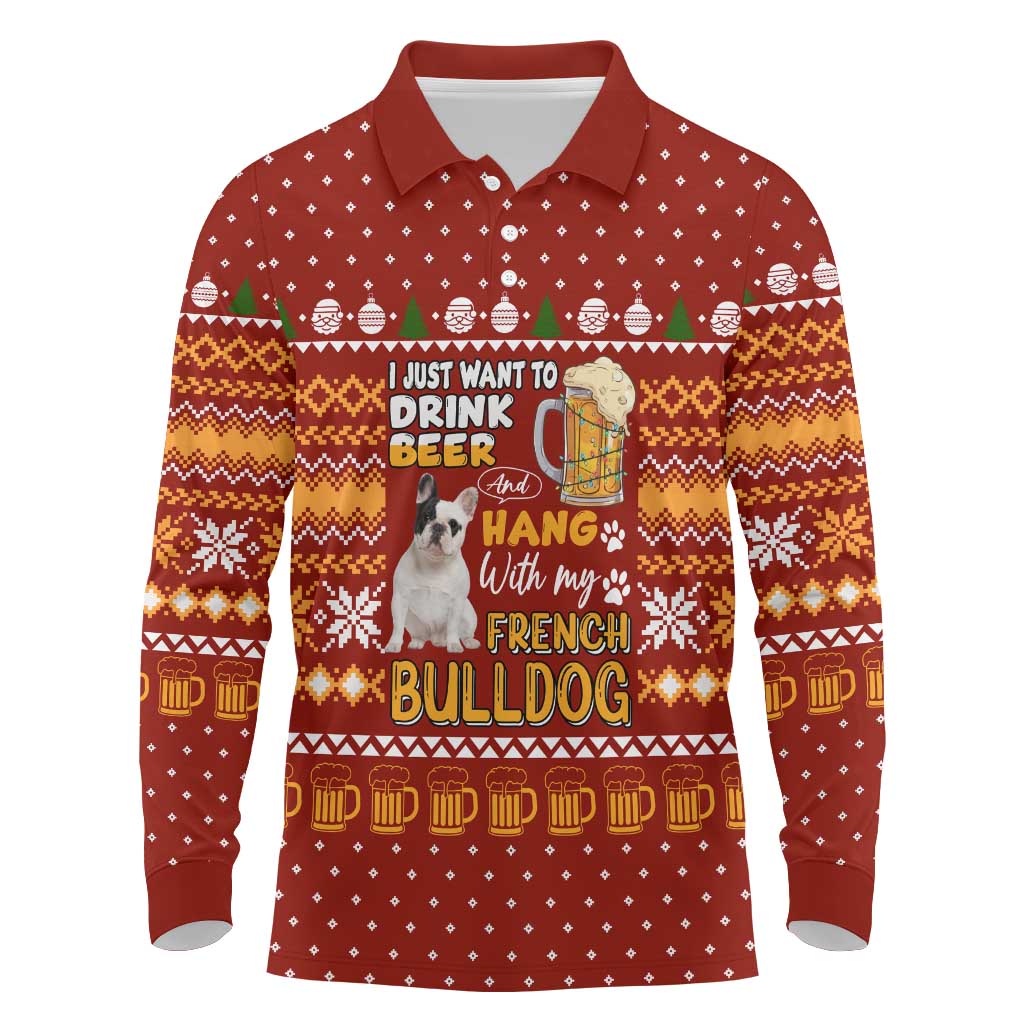 Drink Beer With French Bulldog Christmas Long Sleeve Polo Shirt Xmas Holiday Patterns - Wonder Print Shop