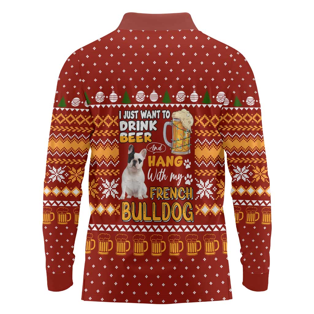 Drink Beer With French Bulldog Christmas Long Sleeve Polo Shirt Xmas Holiday Patterns - Wonder Print Shop