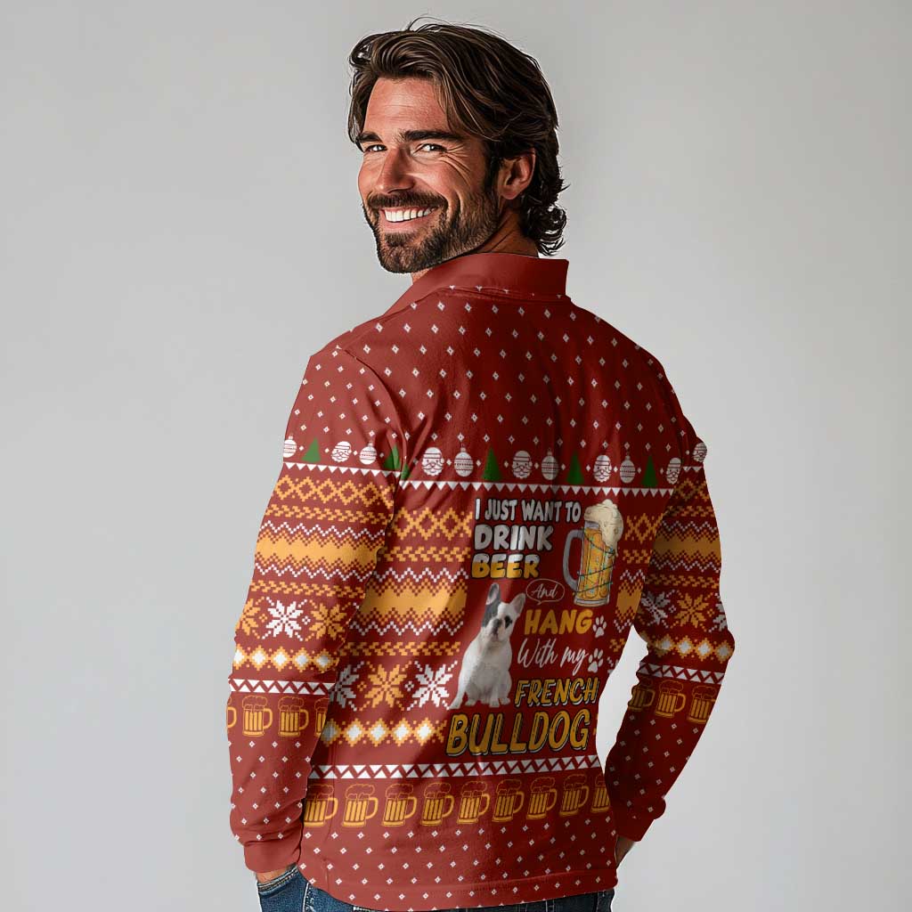 Drink Beer With French Bulldog Christmas Long Sleeve Polo Shirt Xmas Holiday Patterns - Wonder Print Shop