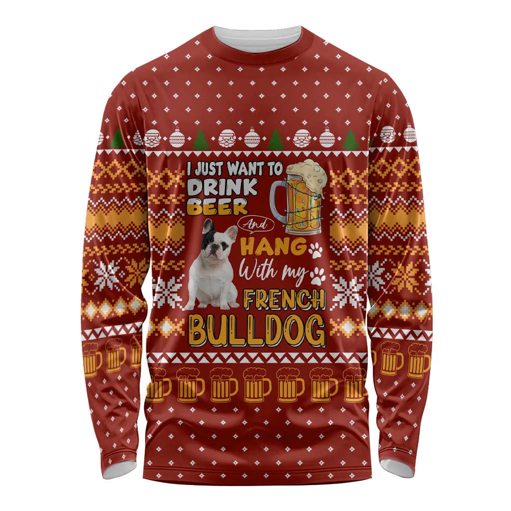 Drink Beer With French Bulldog Christmas Long Sleeve Shirt Xmas Holiday Patterns - Wonder Print Shop