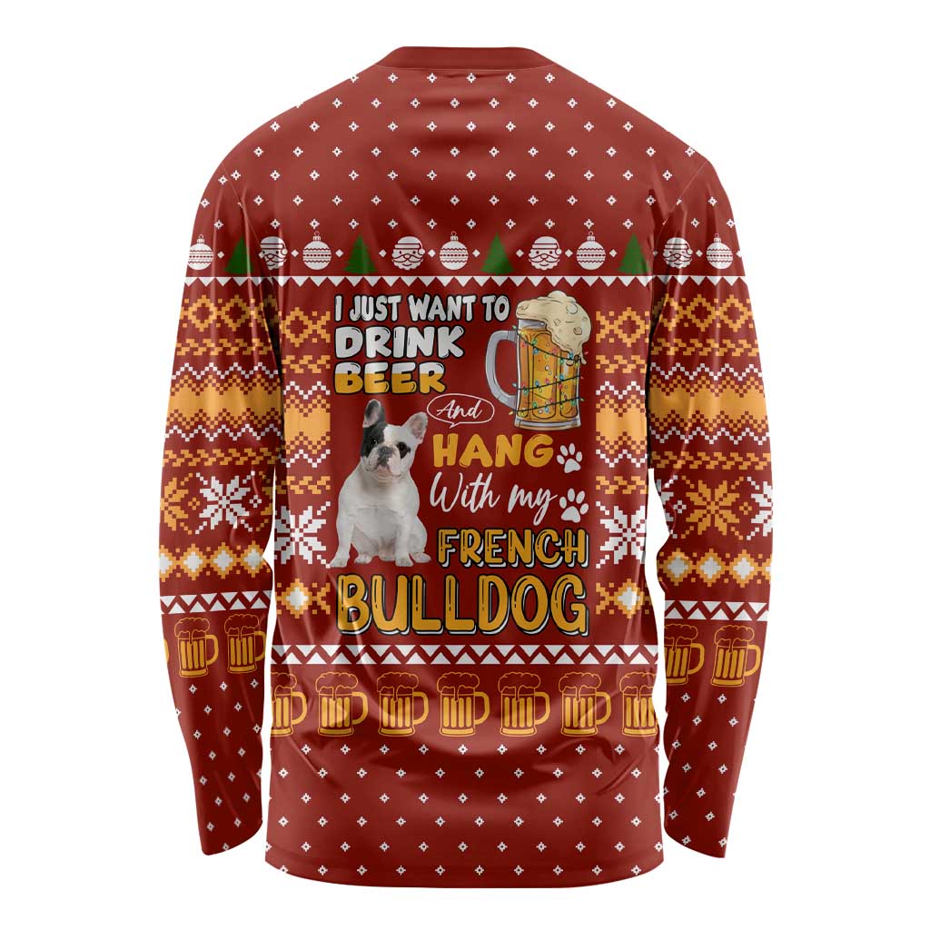 Drink Beer With French Bulldog Christmas Long Sleeve Shirt Xmas Holiday Patterns - Wonder Print Shop