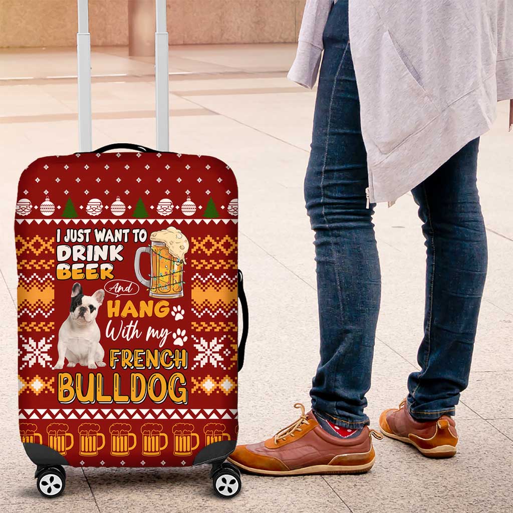 Drink Beer With French Bulldog Christmas Luggage Cover Xmas Holiday Patterns - Wonder Print Shop