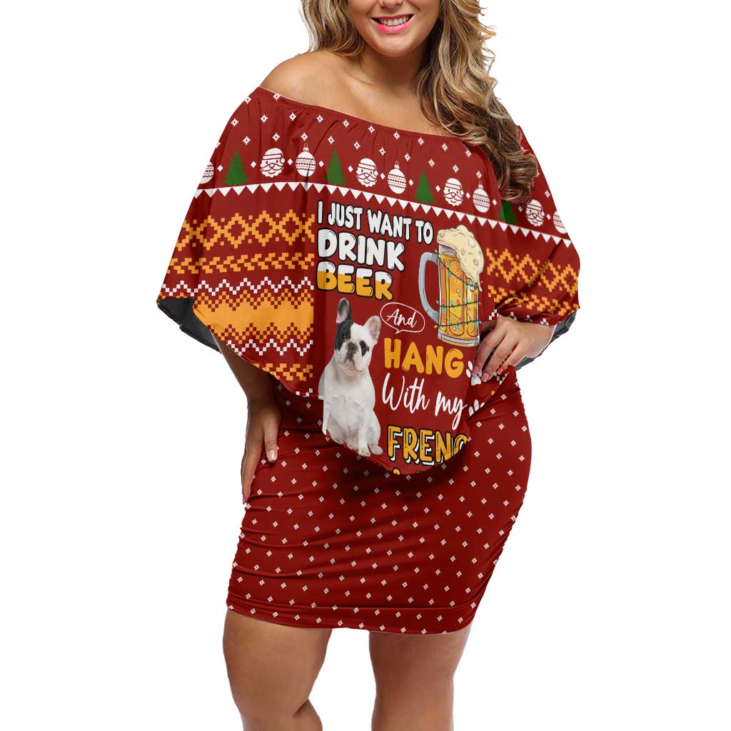 Drink Beer With French Bulldog Christmas Off Shoulder Short Dress Xmas Holiday Patterns - Wonder Print Shop