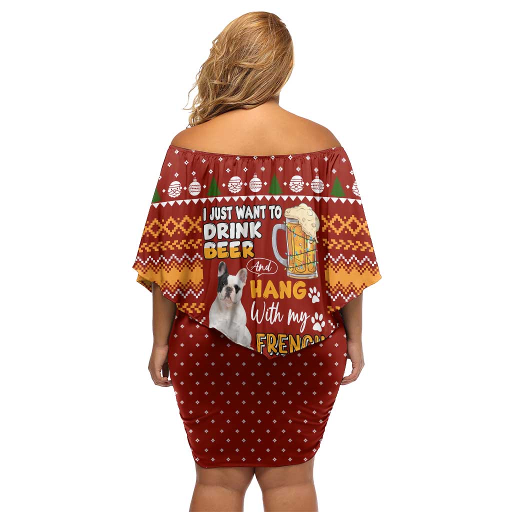 Drink Beer With French Bulldog Christmas Off Shoulder Short Dress Xmas Holiday Patterns - Wonder Print Shop