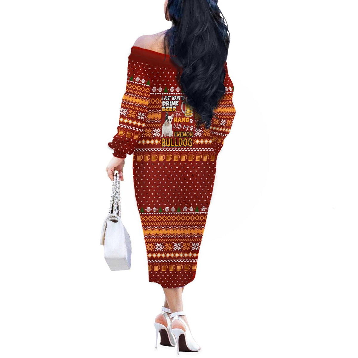 Drink Beer With French Bulldog Christmas Off The Shoulder Long Sleeve Dress Xmas Holiday Patterns - Wonder Print Shop
