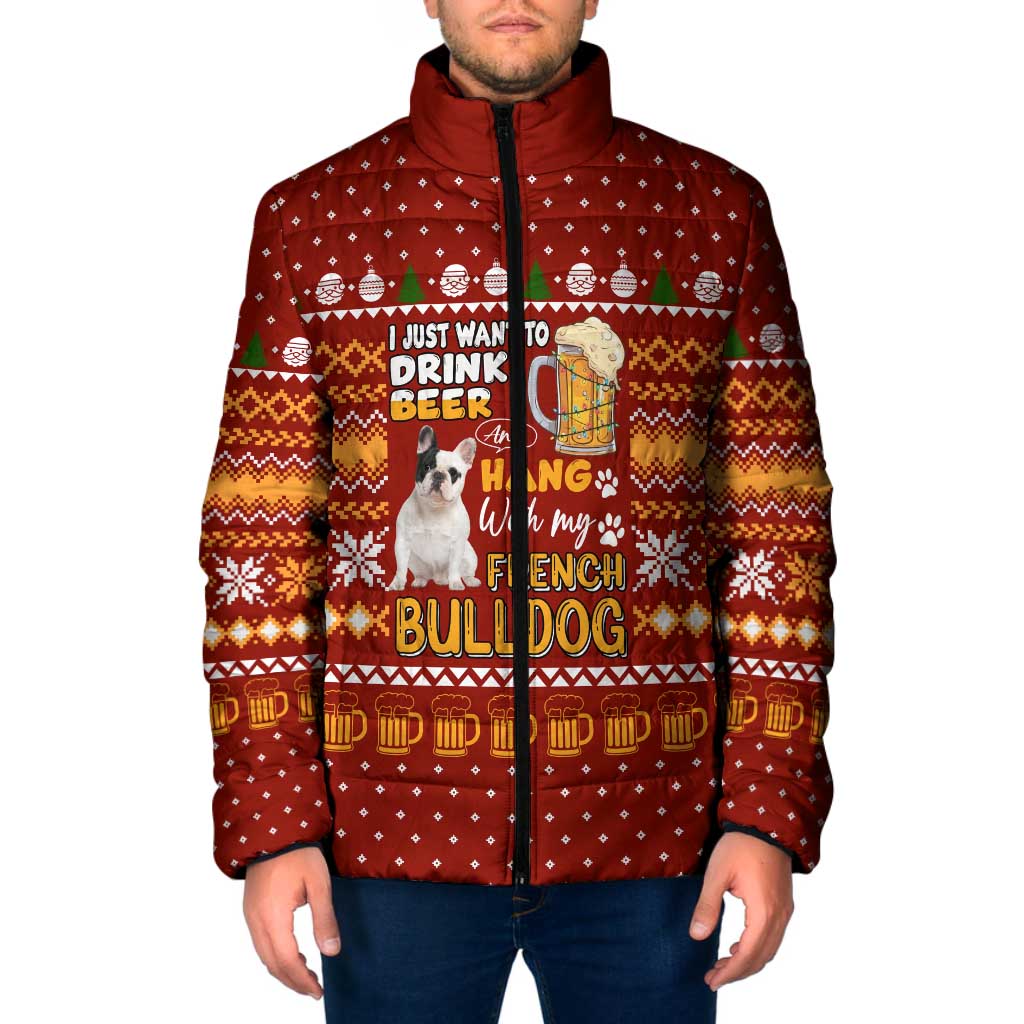 Drink Beer With French Bulldog Christmas Padded Jacket Xmas Holiday Patterns - Wonder Print Shop